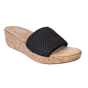 Adrienne Vittadini Black Woven Slide Sandals Cork Wedge Platform Comfort 9